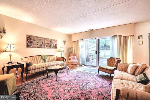 living room with hardwood / wood-style flooring and a textured ceiling