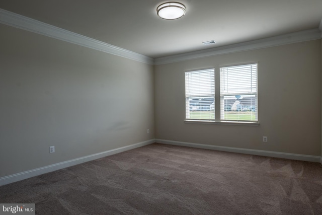 spare room with ornamental molding and carpet floors