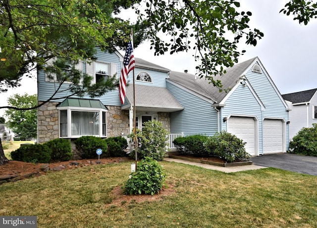 view of front of home with a garage and a front lawn