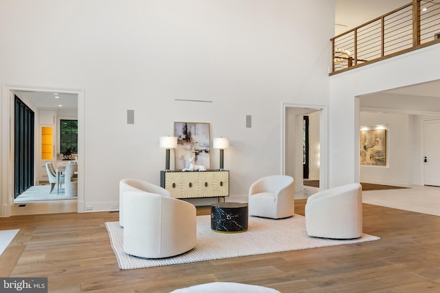 living room with a high ceiling and light hardwood / wood-style flooring