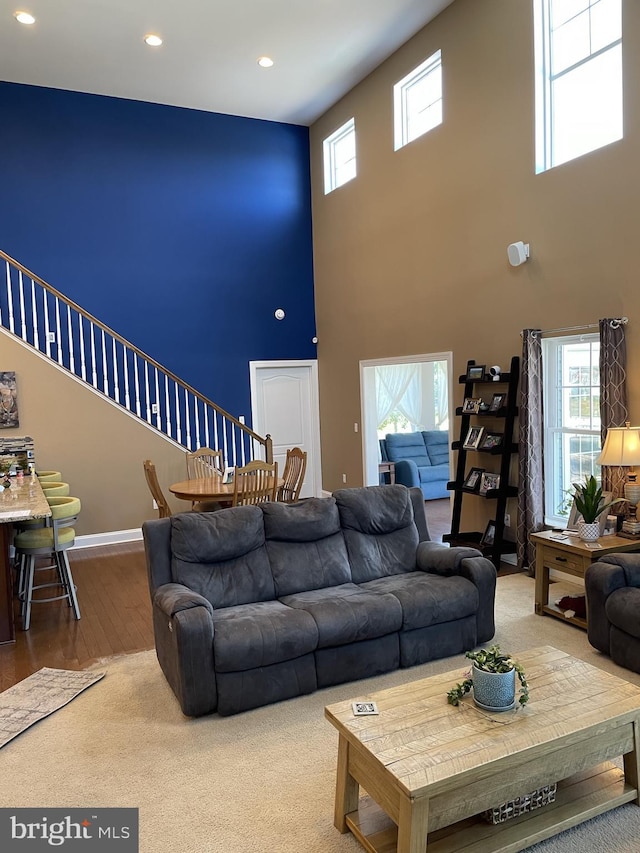 living room with a towering ceiling and hardwood / wood-style flooring