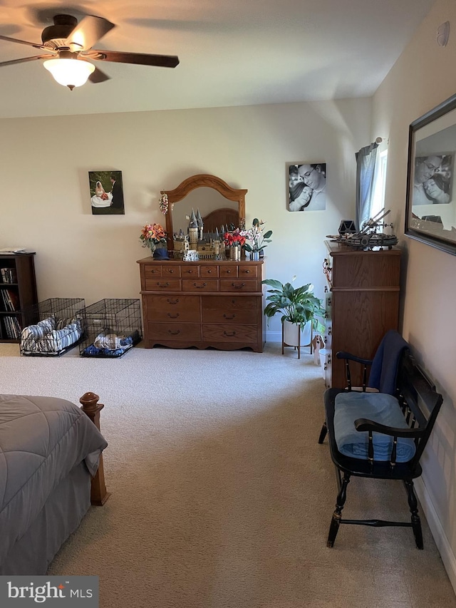 bedroom featuring carpet flooring and ceiling fan