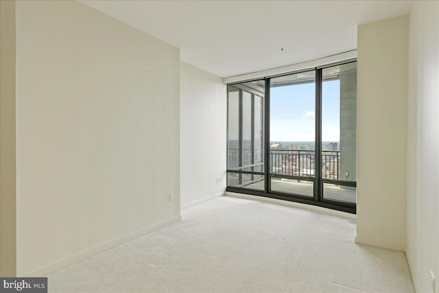 unfurnished room featuring light colored carpet and a wall of windows