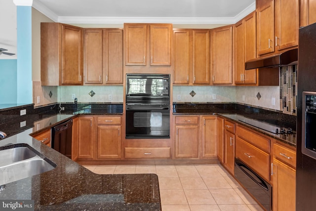 kitchen with black appliances, backsplash, light tile patterned flooring, dark stone countertops, and custom range hood