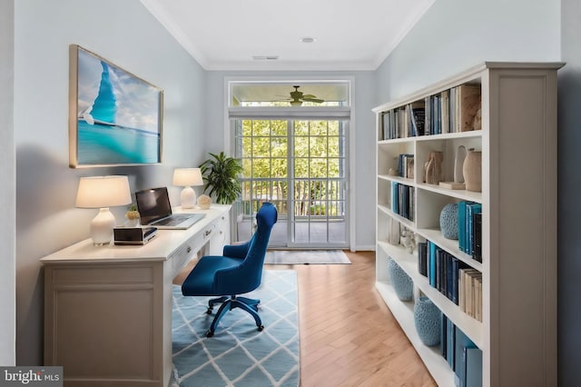 office featuring light hardwood / wood-style floors and ornamental molding