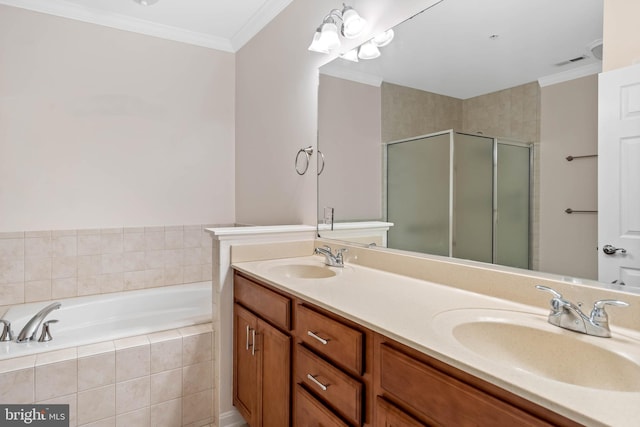 bathroom featuring independent shower and bath, double sink vanity, and ornamental molding