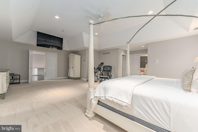 bedroom with ceiling fan, light carpet, and lofted ceiling