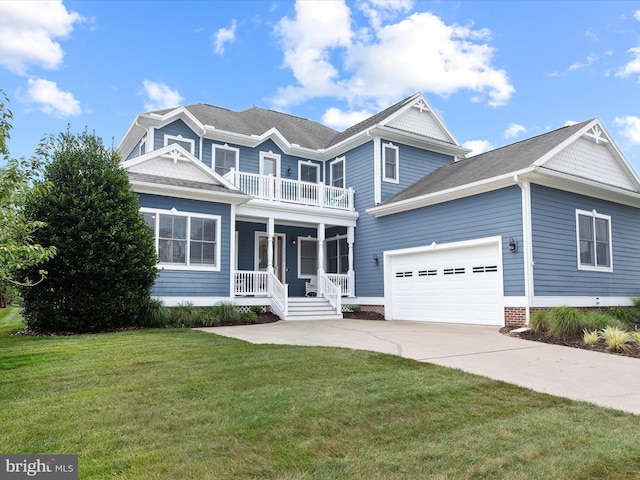 view of front of house featuring a porch, a balcony, and a front lawn