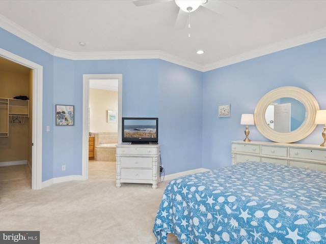 bedroom featuring a walk in closet, ceiling fan, a closet, and ornamental molding