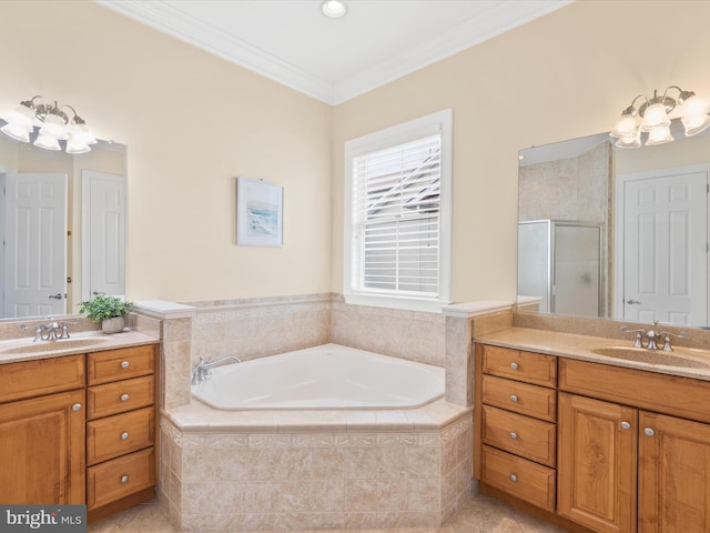 bathroom with tile patterned flooring, shower with separate bathtub, vanity, and ornamental molding