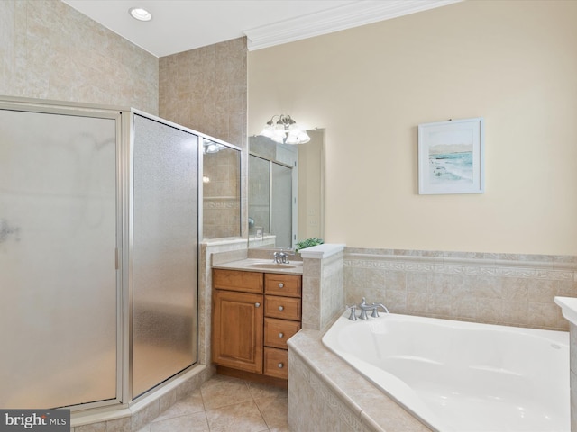 bathroom with separate shower and tub, tile patterned flooring, vanity, and ornamental molding