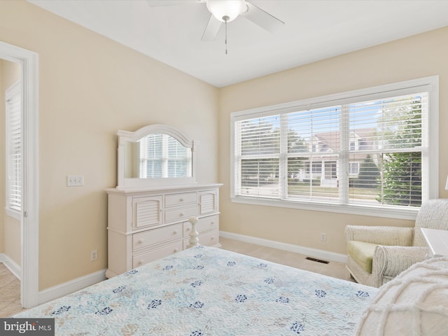 bedroom with ceiling fan and multiple windows