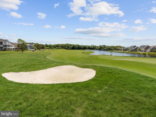 surrounding community featuring a lawn and a water view