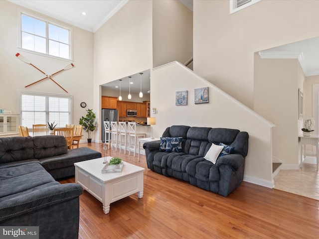 living room featuring crown molding, light hardwood / wood-style floors, and a high ceiling