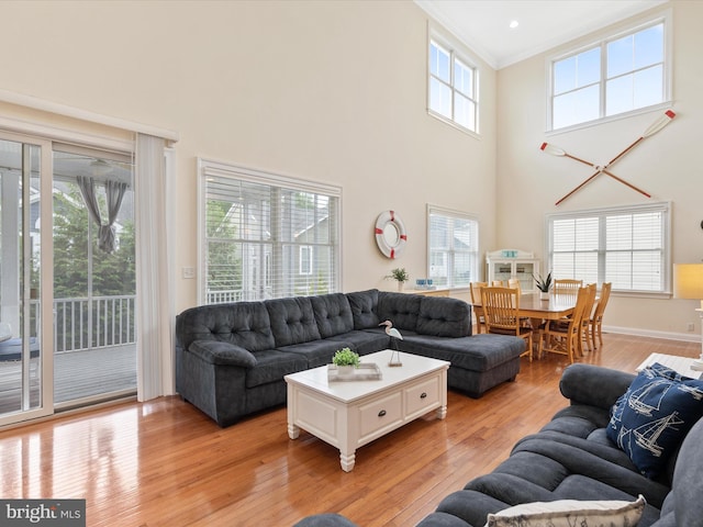 living room with light hardwood / wood-style floors, a healthy amount of sunlight, and a high ceiling