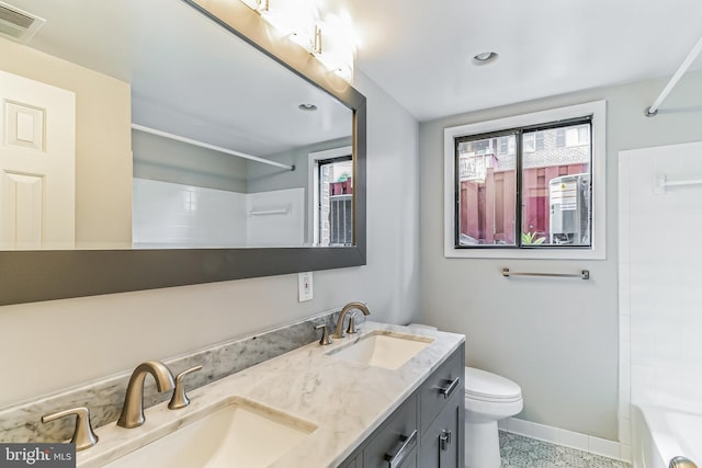 full bathroom with toilet, shower / bathtub combination, and vanity