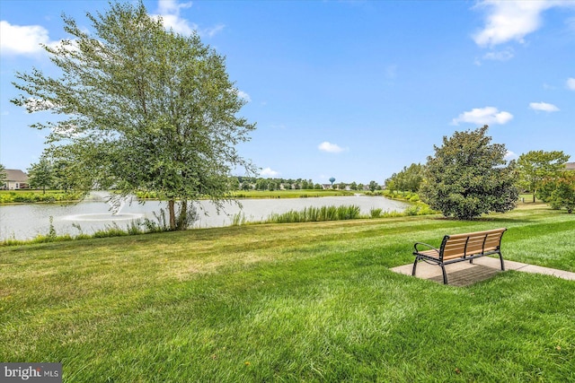 view of community with a water view and a lawn