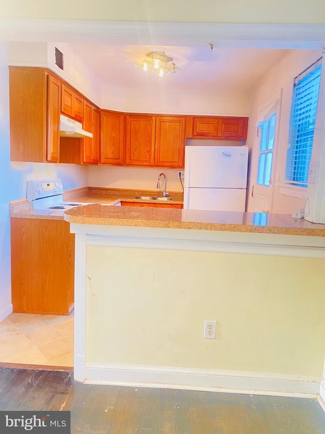 kitchen with white appliances, brown cabinets, light countertops, under cabinet range hood, and a sink