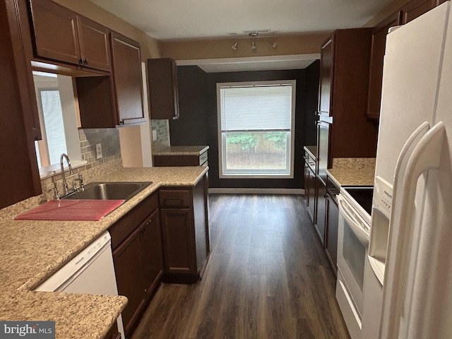 kitchen featuring decorative backsplash, sink, white appliances, dark wood-type flooring, and dark brown cabinets