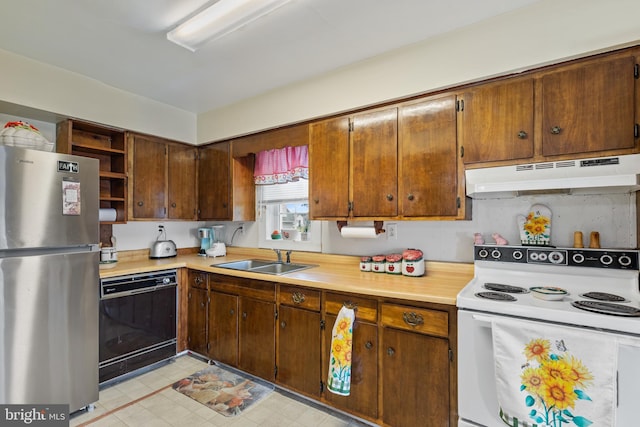 kitchen with black dishwasher, sink, electric range, and stainless steel refrigerator