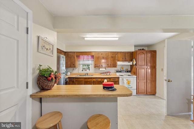 kitchen featuring sink, a breakfast bar, kitchen peninsula, and white range with electric stovetop