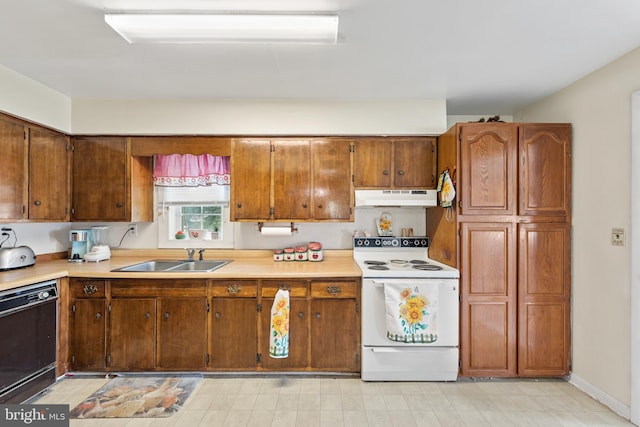 kitchen with dishwasher, sink, and white range with electric cooktop