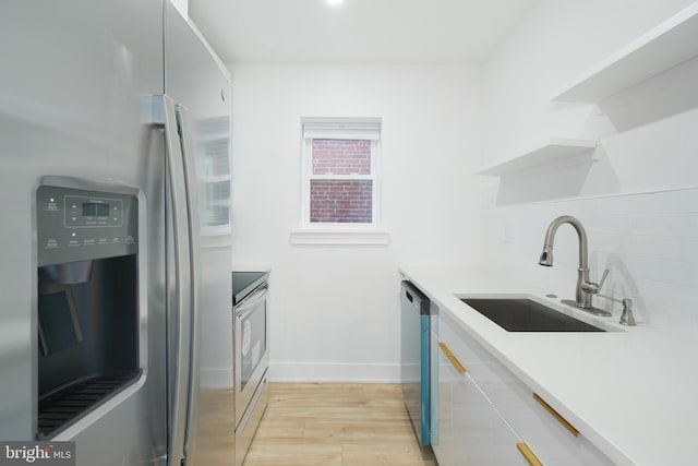 kitchen featuring stainless steel appliances, light hardwood / wood-style flooring, tasteful backsplash, and sink