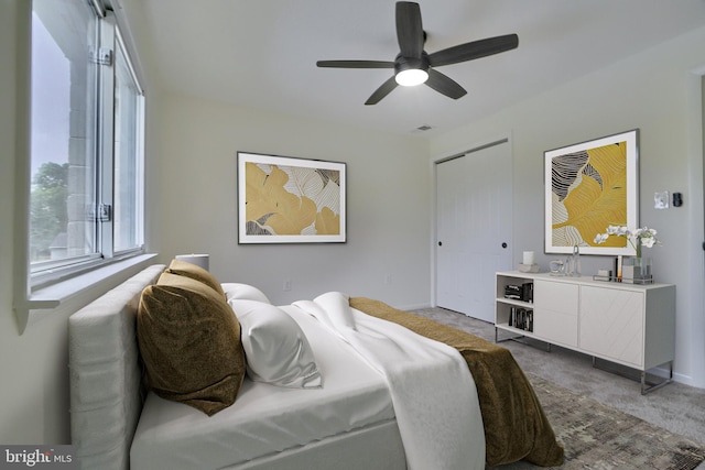 bedroom featuring a closet, ceiling fan, and carpet