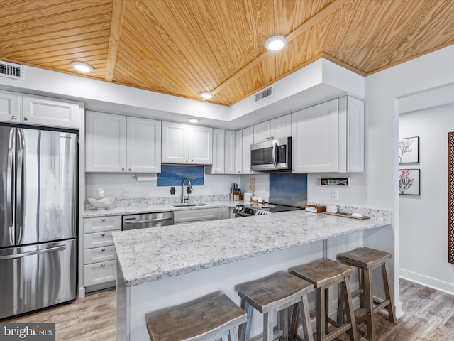 kitchen featuring kitchen peninsula, sink, stainless steel appliances, and wooden ceiling