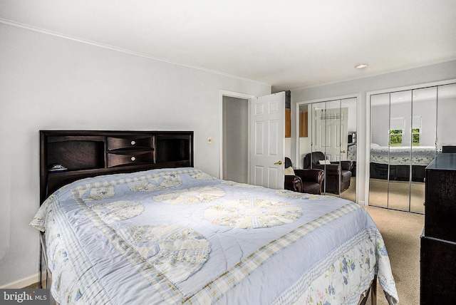 carpeted bedroom with two closets