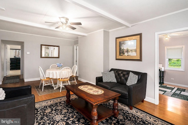 living room with beam ceiling, hardwood / wood-style flooring, ceiling fan, and ornamental molding