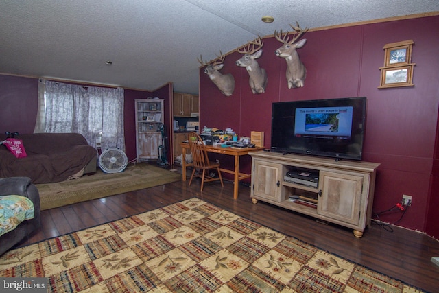 living room with dark hardwood / wood-style flooring, lofted ceiling, and a textured ceiling