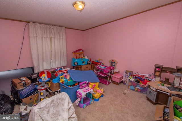 playroom with a textured ceiling, ornamental molding, and light carpet