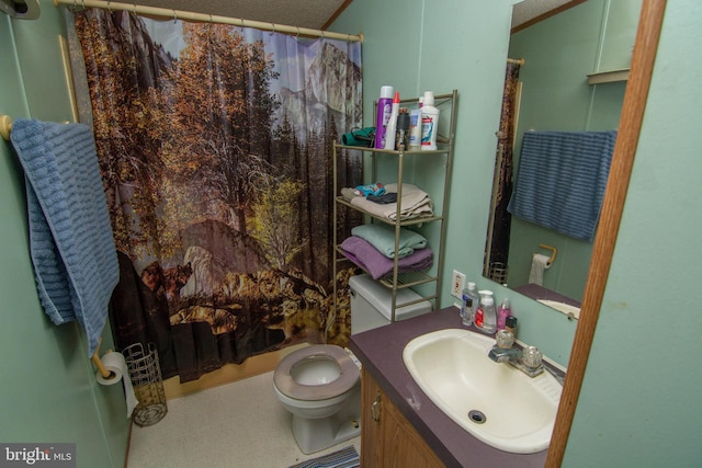 bathroom featuring curtained shower, vanity, and toilet