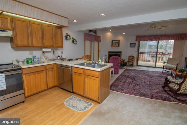 kitchen featuring sink, light hardwood / wood-style flooring, ceiling fan, kitchen peninsula, and stainless steel appliances