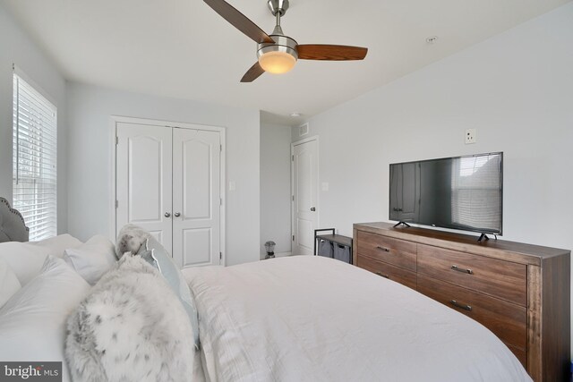 bedroom with ceiling fan and a closet