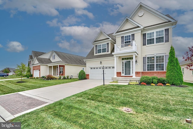 view of front of house featuring brick siding, a front lawn, concrete driveway, a garage, and a balcony