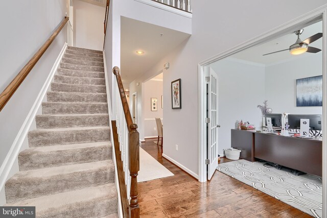 staircase featuring ornamental molding, hardwood / wood-style floors, and ceiling fan