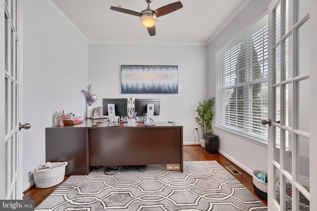 office featuring french doors, ornamental molding, and hardwood / wood-style floors