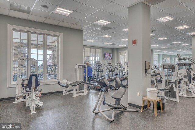 workout area with a paneled ceiling and plenty of natural light