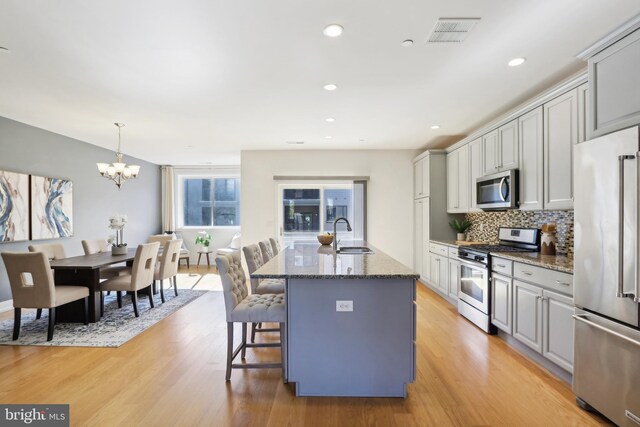 kitchen featuring gray cabinets, stainless steel appliances, sink, and an island with sink