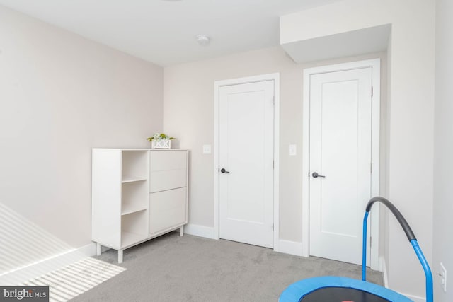 playroom featuring light colored carpet