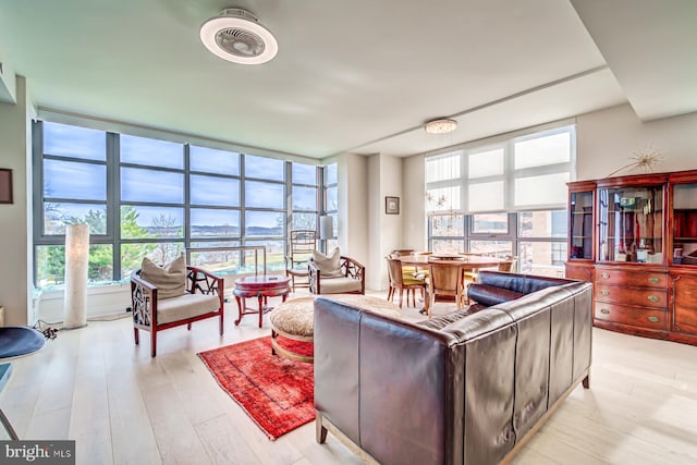 living room featuring light wood-type flooring and expansive windows