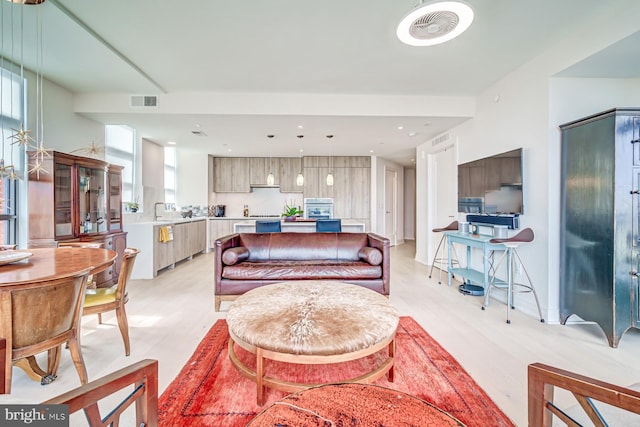 living room with light hardwood / wood-style flooring and sink