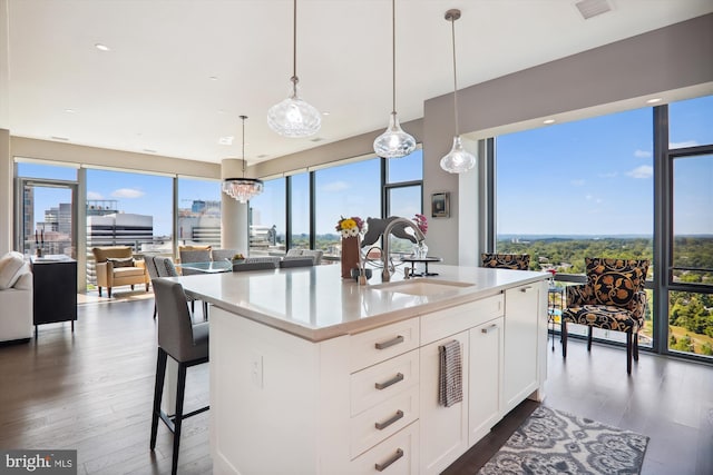 kitchen featuring pendant lighting, white cabinetry, an island with sink, sink, and dark hardwood / wood-style floors