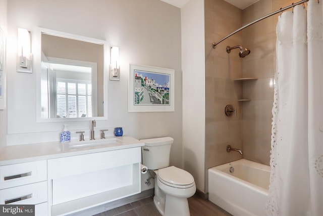 full bathroom featuring toilet, vanity, and shower / tub combo with curtain