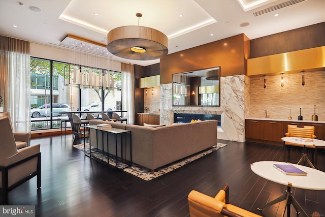 living room with a raised ceiling, a healthy amount of sunlight, and dark hardwood / wood-style floors