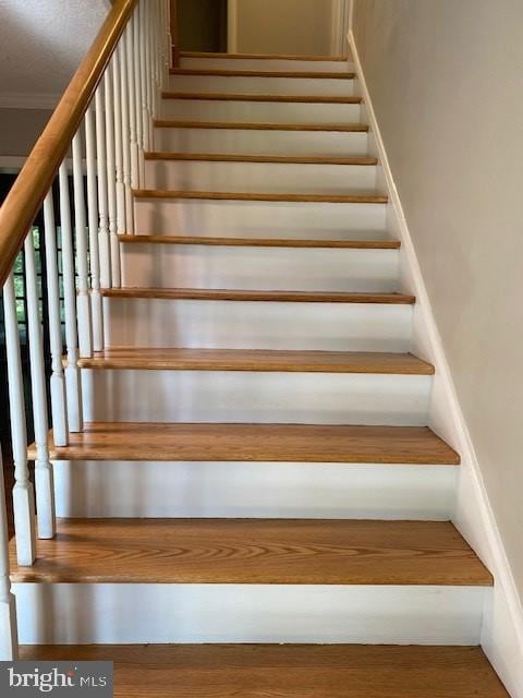 stairway with ornamental molding and wood finished floors