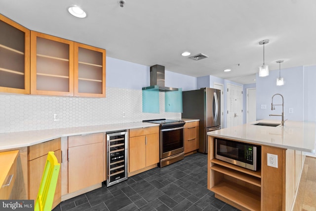 kitchen with wall chimney range hood, stainless steel appliances, wine cooler, decorative backsplash, and sink