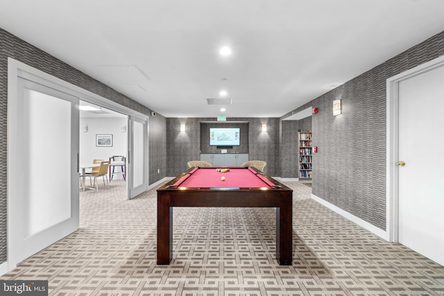 game room featuring light colored carpet and billiards